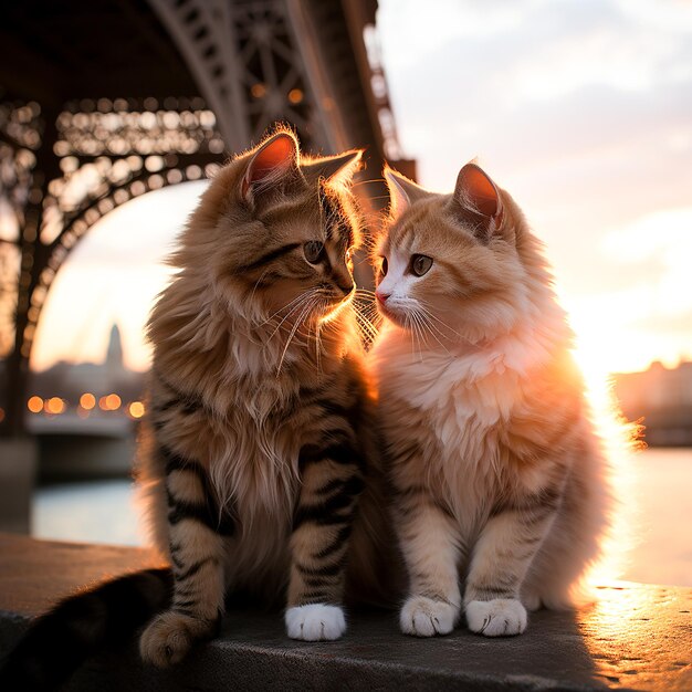 two cats are sitting on a concrete surface one is kissing