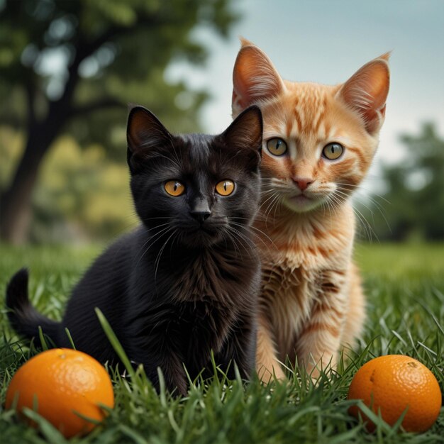 two cats are sitting in the grass with orange eggs