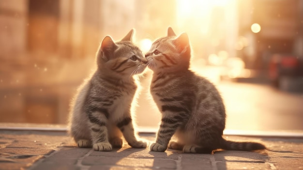 Two cats are sitting on a sidewalk and one is kissing.