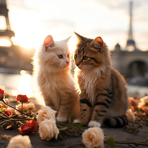 two cats are sitting on a sidewalk with roses in the background