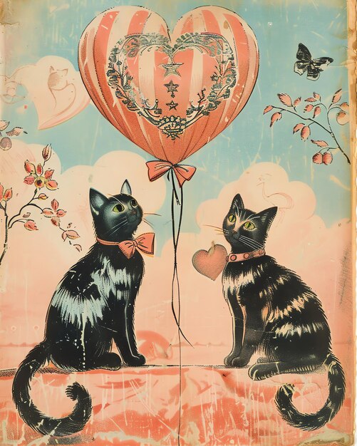 Photo two cats are sitting on a table with a heart shaped balloon