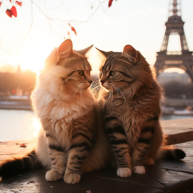 two cats are sitting on a wall and one has a red leaf on it