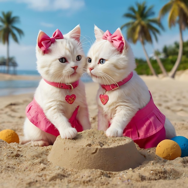 two cats on the beach with a sand castle in the background