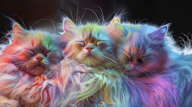 two cats cuddling together one has a colorful pattern on its fur