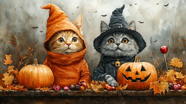 Photo two cats dressed in halloween costumes one in an orange robe and the other a black witch39s hat with pumpkins autumn leaves and bats in the background