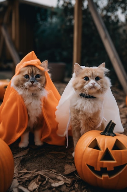 Photo two cats dressed up in halloween costumes sitting next to pumpkins generative ai image