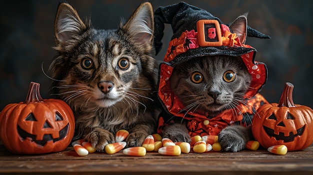 Two cats dressed up for Halloween with pumpkins and candy corn