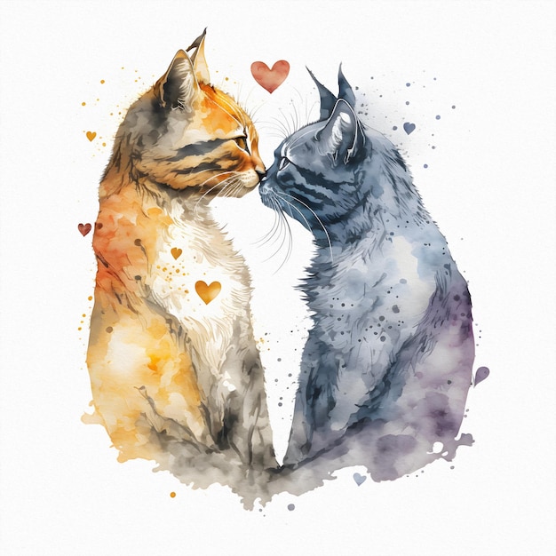 Two cats kissing in the shape of a heart Valentines Day and all lovers Watercolor illustration