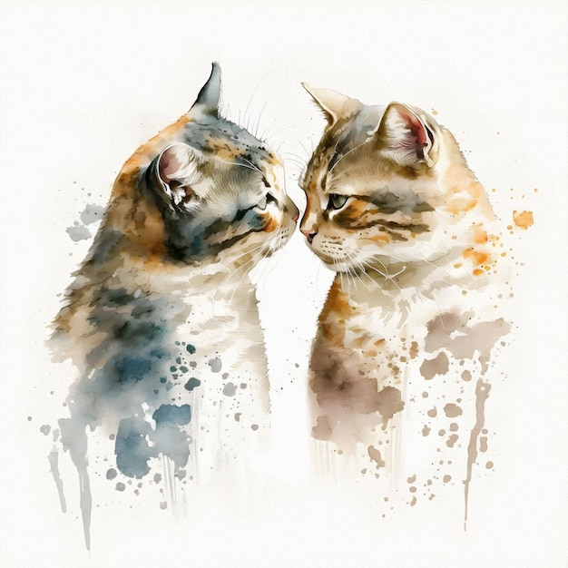 Two cats kissing in the shape of a heart Valentines Day and all lovers Watercolor illustration