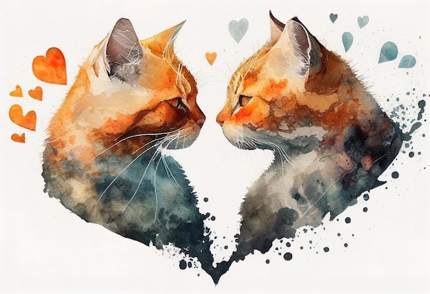 Two cats kissing in the shape of a heart Valentines illustration AI generative