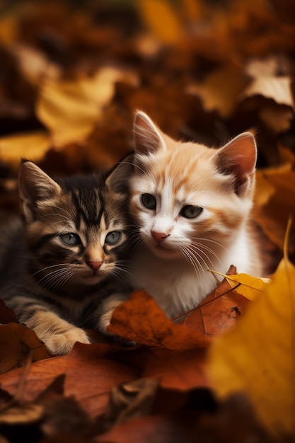 Two cats in the leaves, one of which is orange and the other is orange.