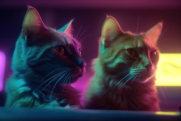 Two cats looking at each other in a neon light.