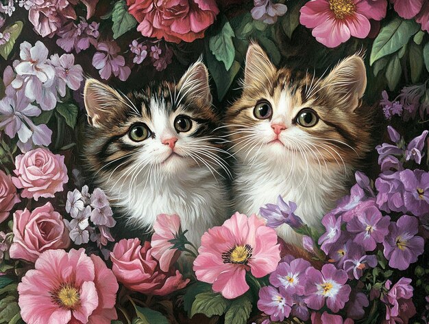 Photo two cats looking at each other with flowers in the background