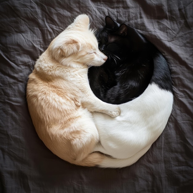 Photo two cats one black and one white curled up together in a yinyang shape on a grey blanket