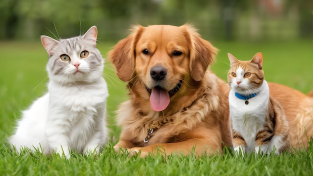 two cats and one dog together in garden on grass healthy pets wallpaper