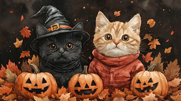 Two cats one dressed as a witch one wearing a sweater and three carved pumpkins sit on a bed of autumn leaves