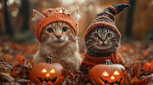 Two cats in orange Halloween costumes with lit jackolanterns in autumn leaves