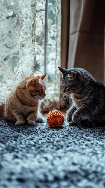 Two cats playing with a ball of yarn captured beautifully