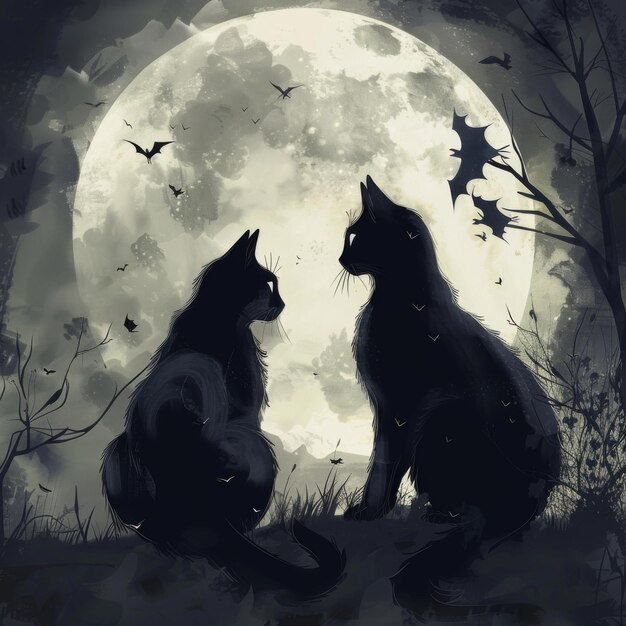 two cats sit in front of a full moon