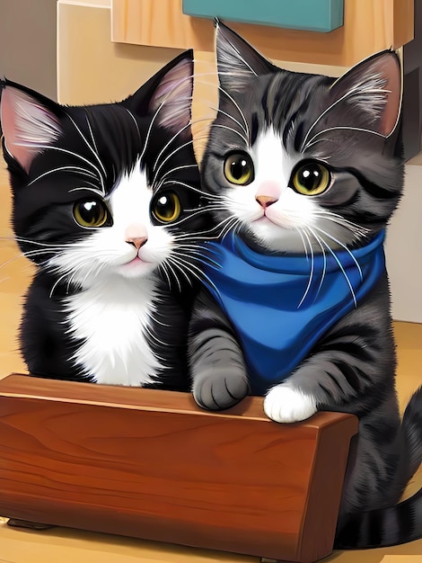 two cats sit on a wooden box with a blue scarf.