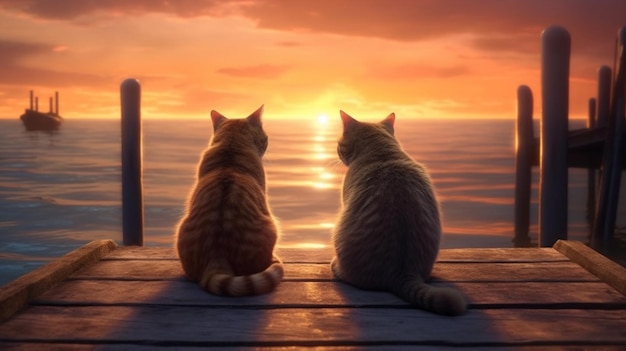 two cats sitting on a dock watching the sun set generative ai