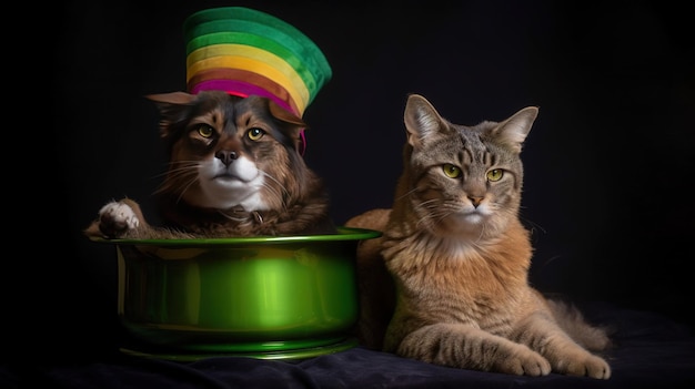 Two cats sitting next to a pot with a green lid.