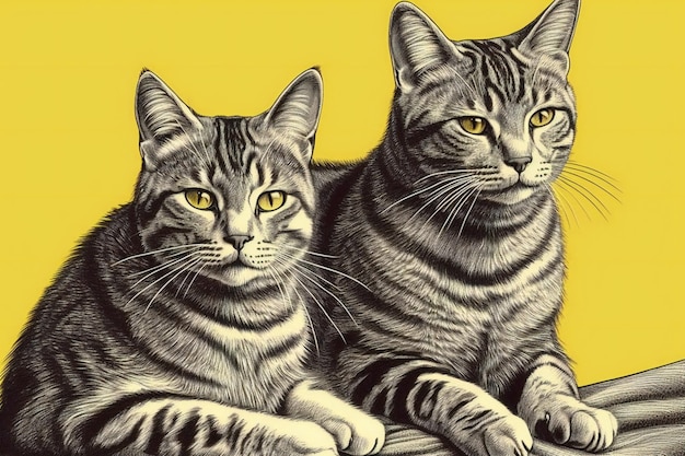 Two cats sitting on a yellow background monochrome drawing