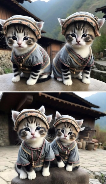 Two cats wearing hats sit on a stone bench.