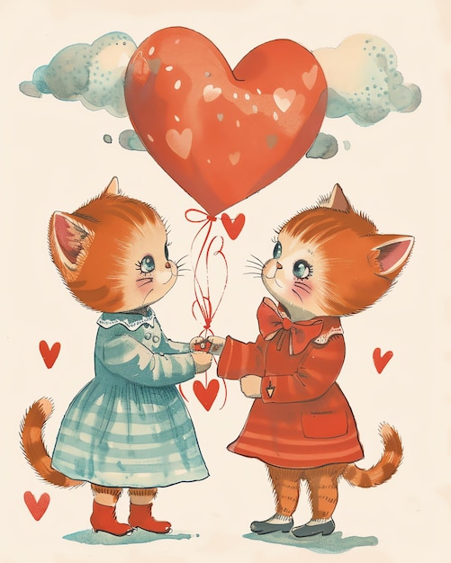 Photo two cats with a heart shaped balloon that says  the one is holding a heart