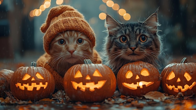 Two cats with pumpkins in a spooky Halloween setting