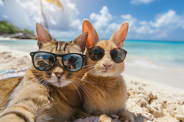 Two cats with sunglasses lounging on the beach by the water