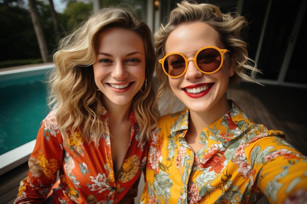 Two Caucasian female friends take a selfie at the edge of the pool during summer