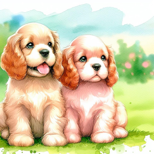 Two Cavalier King Charles Spaniel puppies sitting on the grass