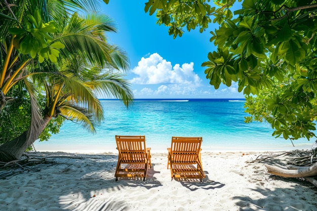 Two chairs are sitting on sandy beach with blue ocean in the background