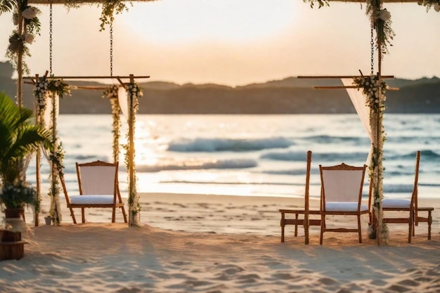 Photo two chairs on the beach one of which is a beach scene