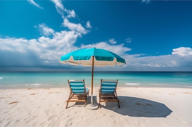 Two chairs on a beach with a blue umbrella on the sand