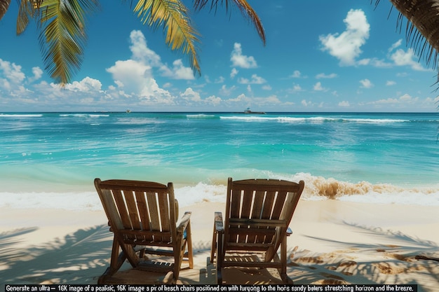 Photo two chairs on a beach with a palm tree in the background