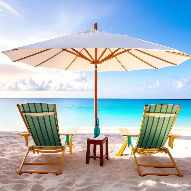 Two chairs on a beach with an umbrella and the ocean in the background.