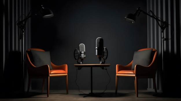 Two chairs in a dark room with a microphone on the table.