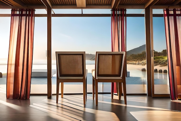 Two chairs in front of a window with the sun shining through them.