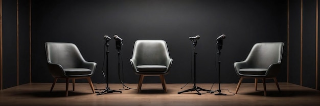 two chairs and microphones in podcast or interview room isolated on dark background as a wide banner