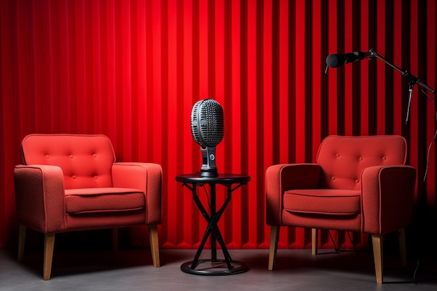 Two chairs and microphones in a podcast or interview setting