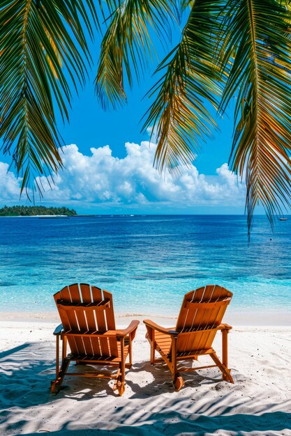 Photo two chairs one on each side of the photo are facing beautiful blue ocean with white clouds