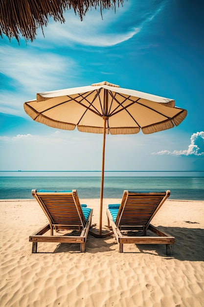 Two Chairs And Parasol With Blurred Sea BackgroundAI Generated