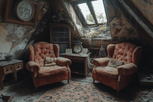 Photo two chairs in a room with a clock and a clock on the wall