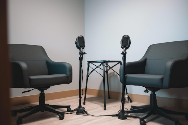 Two chairs in a room with one that says'the sound'on it