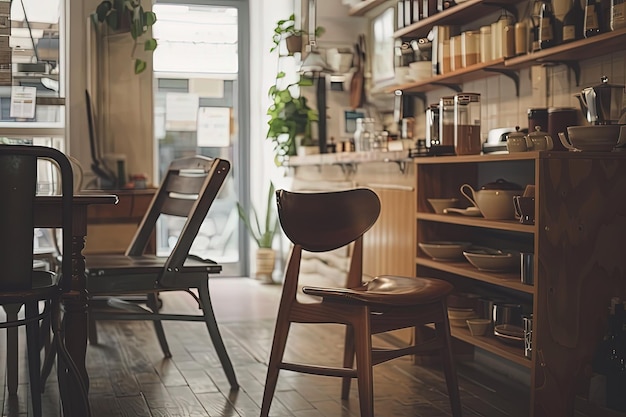 Two chairs in a room with shelves full of items