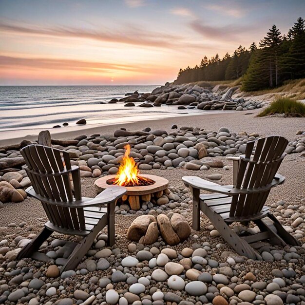 two chairs sit around a fire place that is on a beach