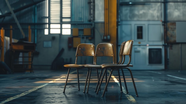 Photo two chairs sitting in a large warehouse area