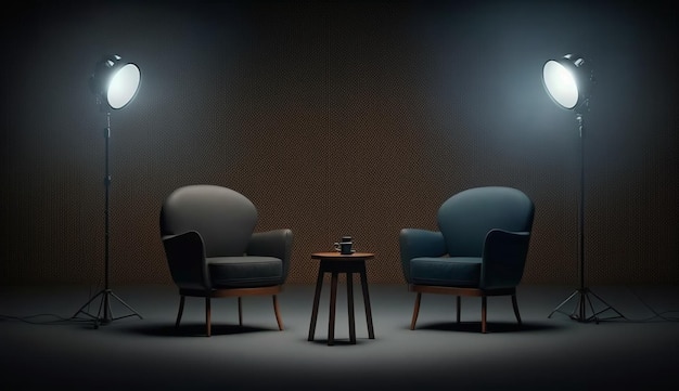 Two chairs and spotlights in podcast or interview room on dark background Generative AI